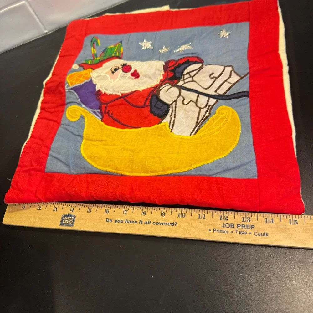 Handmade Pillow Cover Home 15x15 Red Blue Santa Sleigh Applique Vintage Style